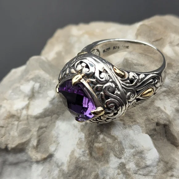 Samuel Benham 925 Sterling Silver 18k Gold Amethyst Designer Size 6.75 Ring BJC - Picture 8 of 12